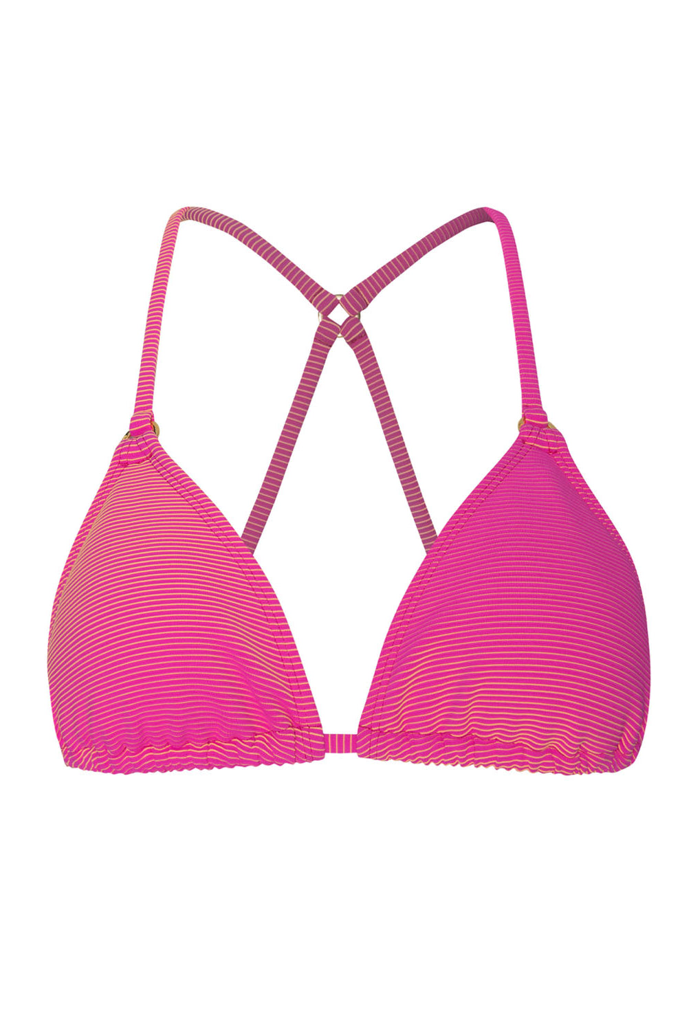 A pink triangle bikini in front of a white background.