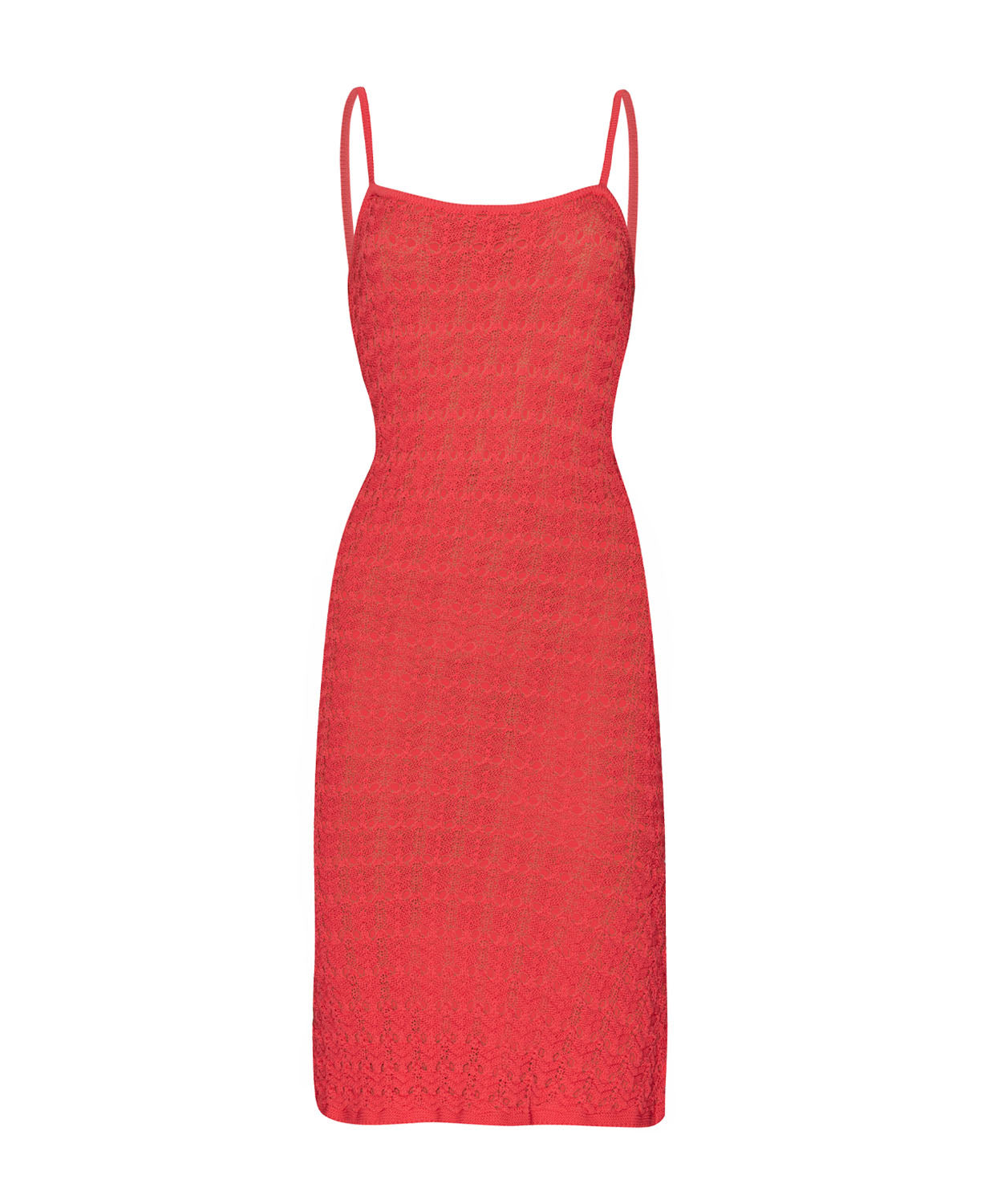 A red crochet knit mid length dress in front of a white background.