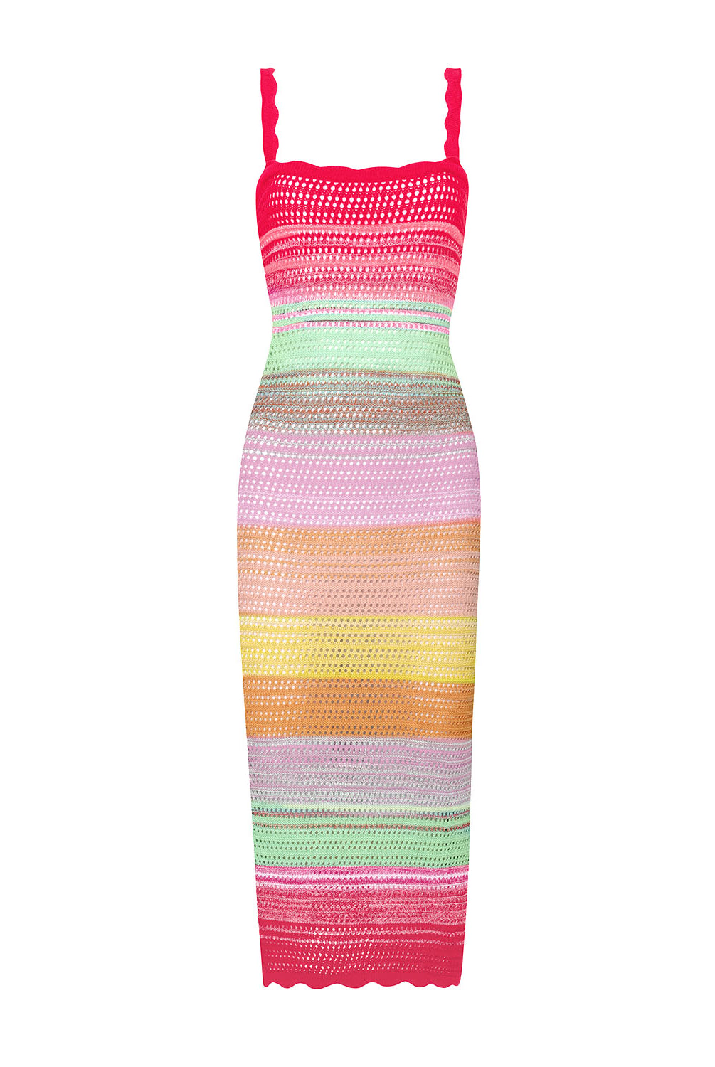 A pink, green, and yellow crochet knit mid length dress against a white background.