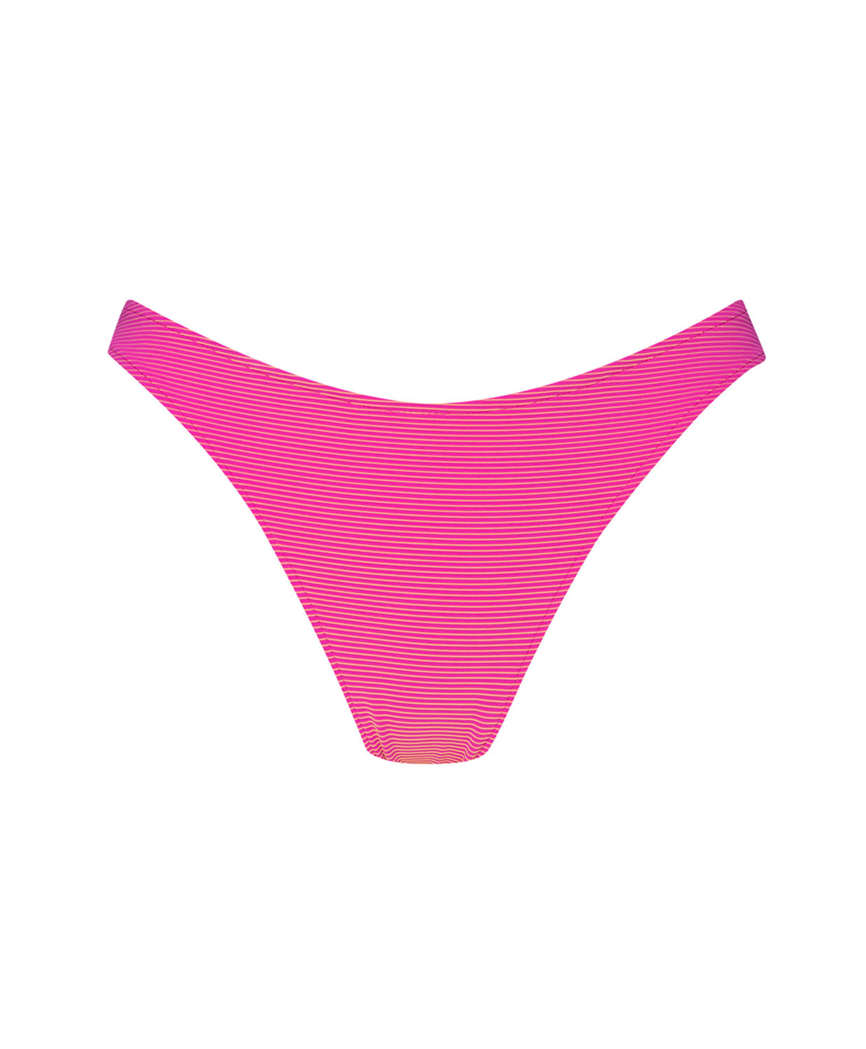 Pink bikini bottoms in front of a white background.
