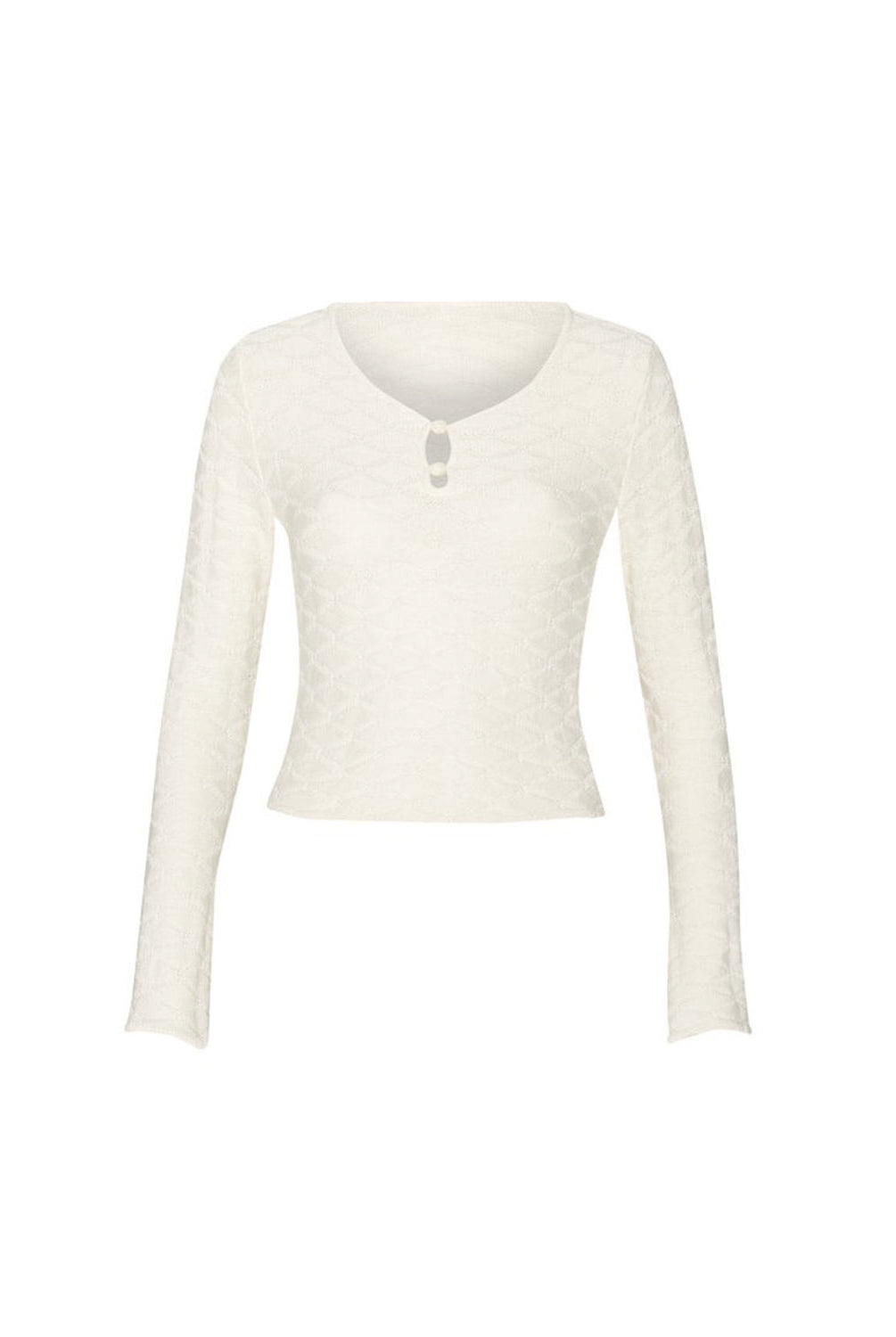 A cream long-sleeve cropped knit top with a scoop neckline and a small keyhole cutout at the center chest, displayed on a solid white background.