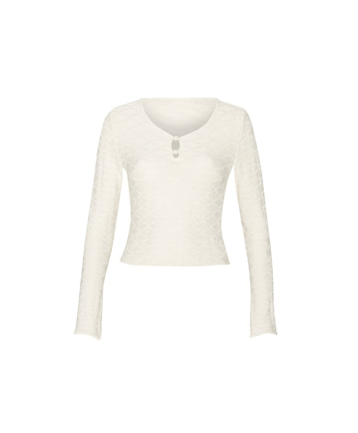 A cream long-sleeve cropped knit top with a scoop neckline and a small keyhole cutout at the center chest, displayed on a solid white background.