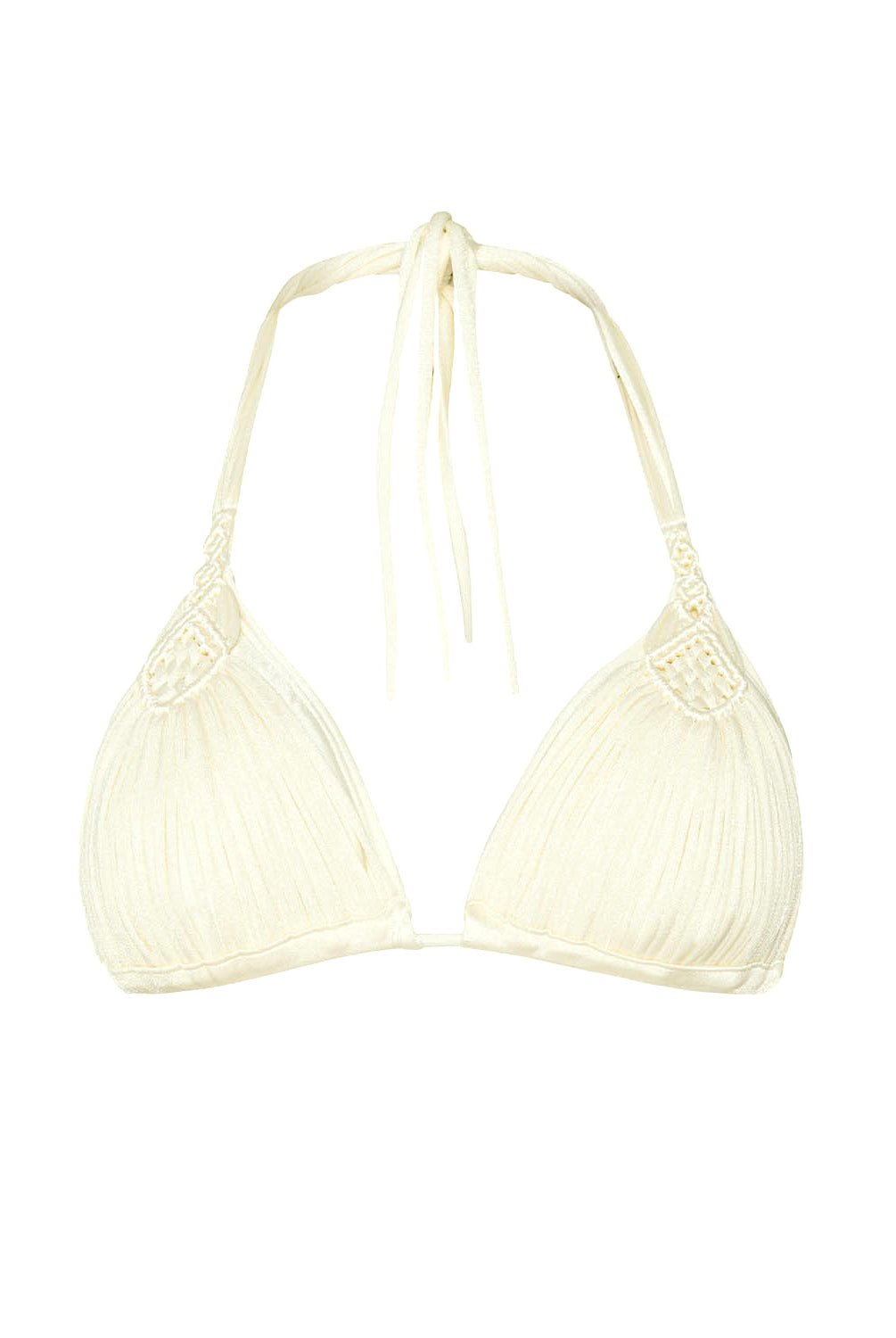 A cream triangle bikini top against a white wall.