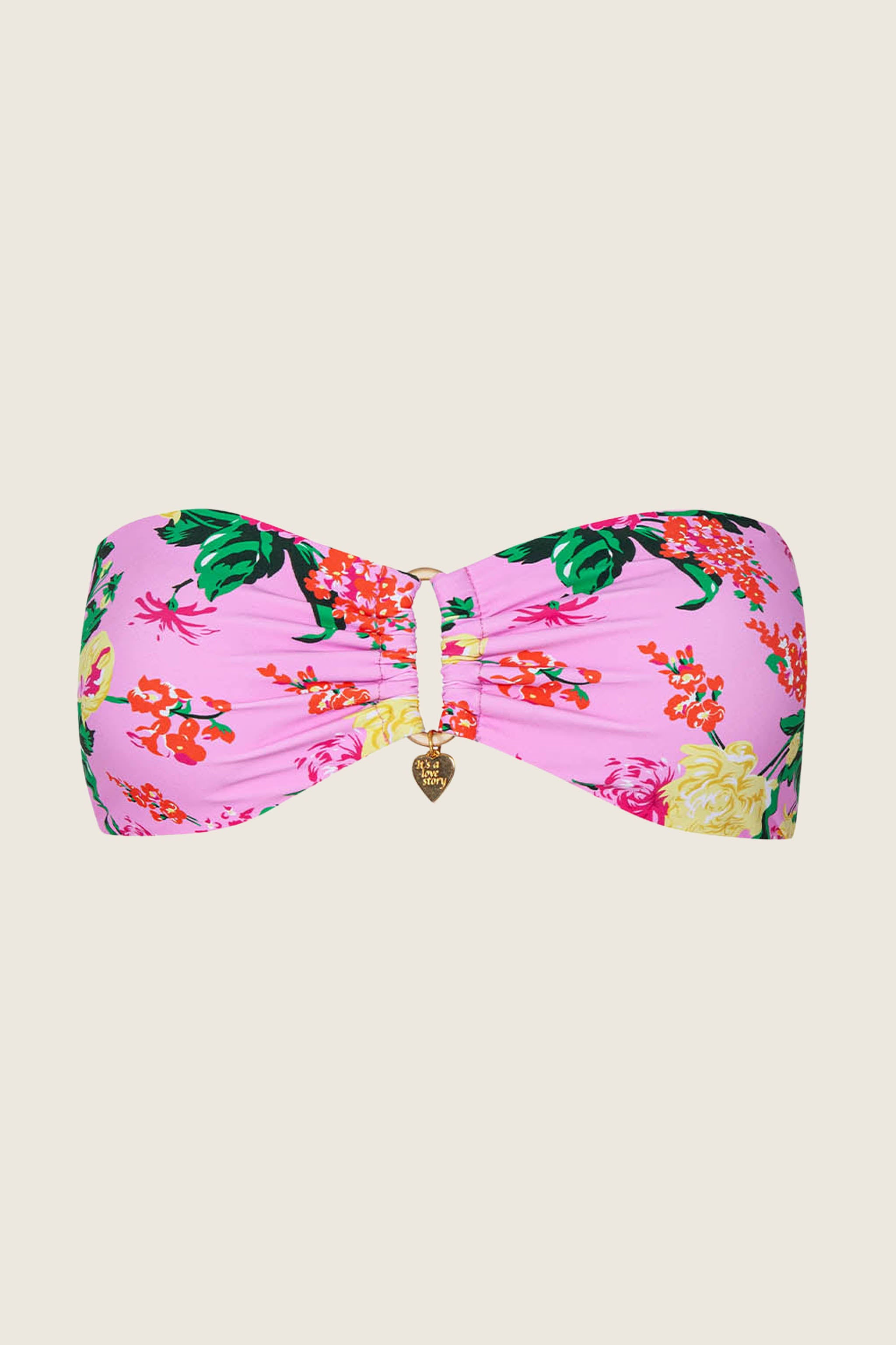 Dahlia Detail Bandeau bikini – strapless with bold florals, 24K gold embellishments, and detachable heart charm.
