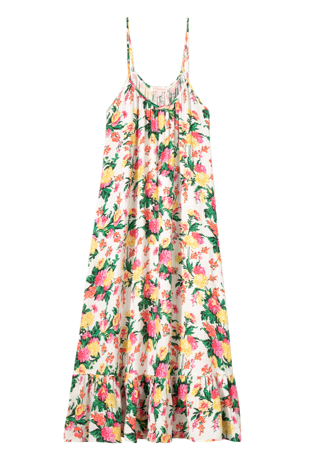 Dahlia Dress – Tropical Floral Sleep Dress in vibrant floral print, lightweight and airy with delicate straps and a softly flounced hem, styled for relaxed mornings or lounging at home.