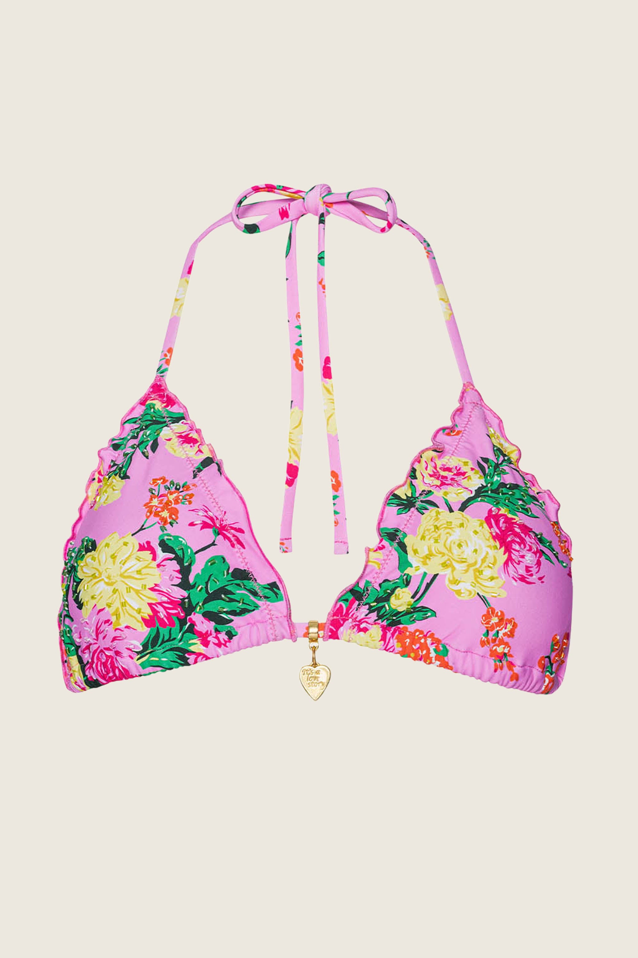 Dahlia Embroidered Lettuce Edge Triangle Top with ripple trim and hand-beaded detailing.