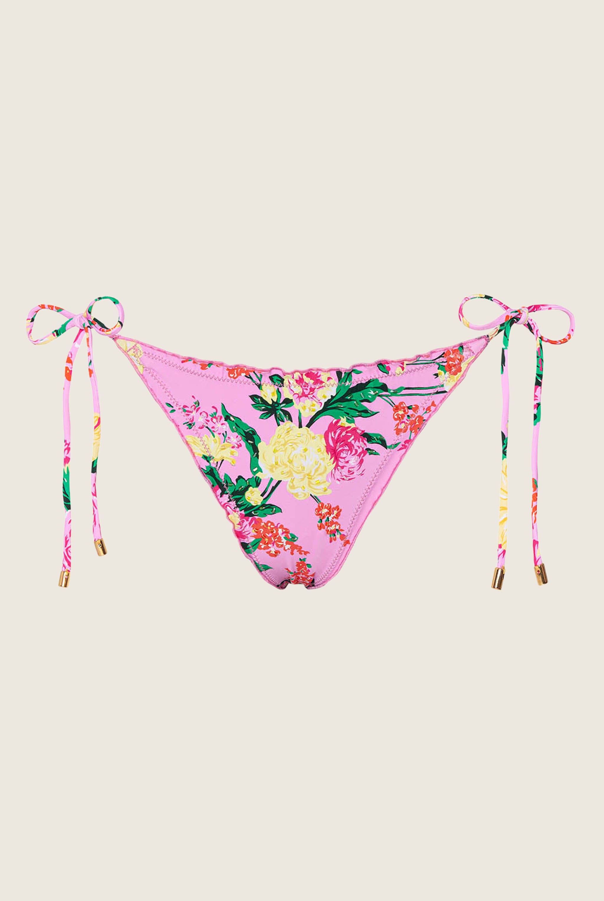 Dahlia Embroidered Lettuce Edge Tie Side Bottom in floral print with hand-embroidered beading and ripple lettuce edges.