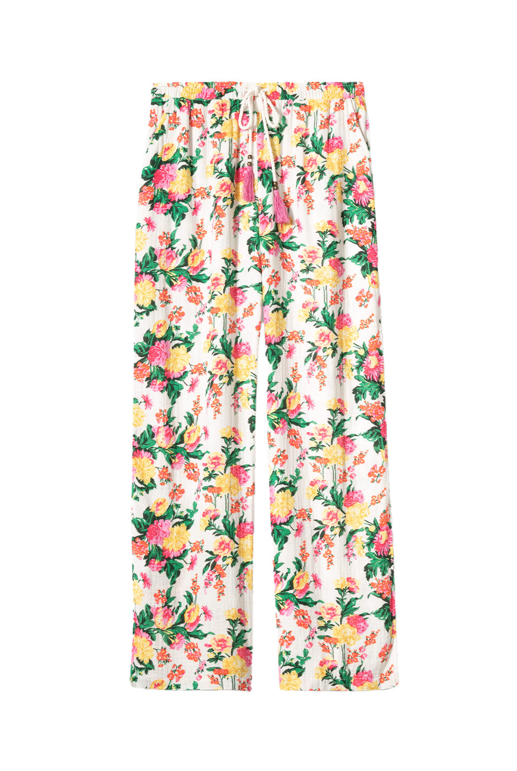 Dahlia Open Leg Pant featuring a vibrant tropical floral print, lightweight fabric, and relaxed open-leg silhouette with an elastic waistband, perfect for comfortable loungewear and effortless style at home.