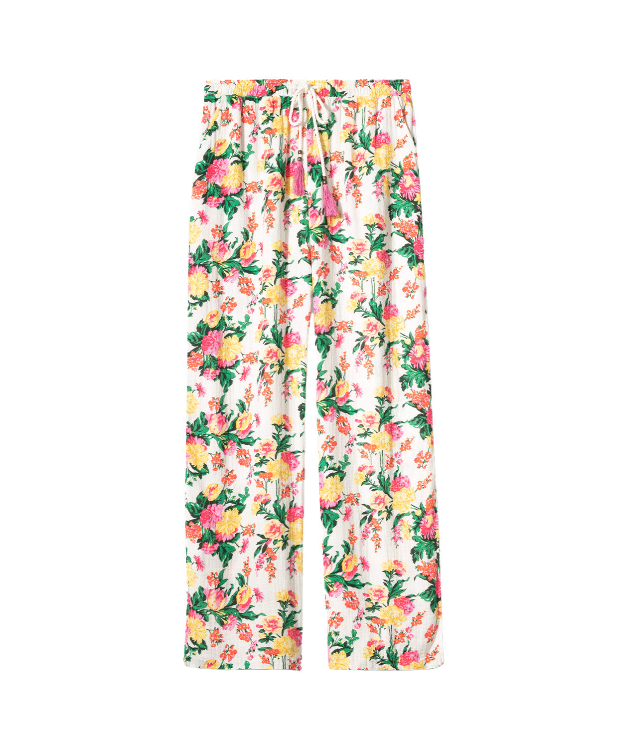 Dahlia Open Leg Pant featuring a vibrant tropical floral print, lightweight fabric, and relaxed open-leg silhouette with an elastic waistband, perfect for comfortable loungewear and effortless style at home.