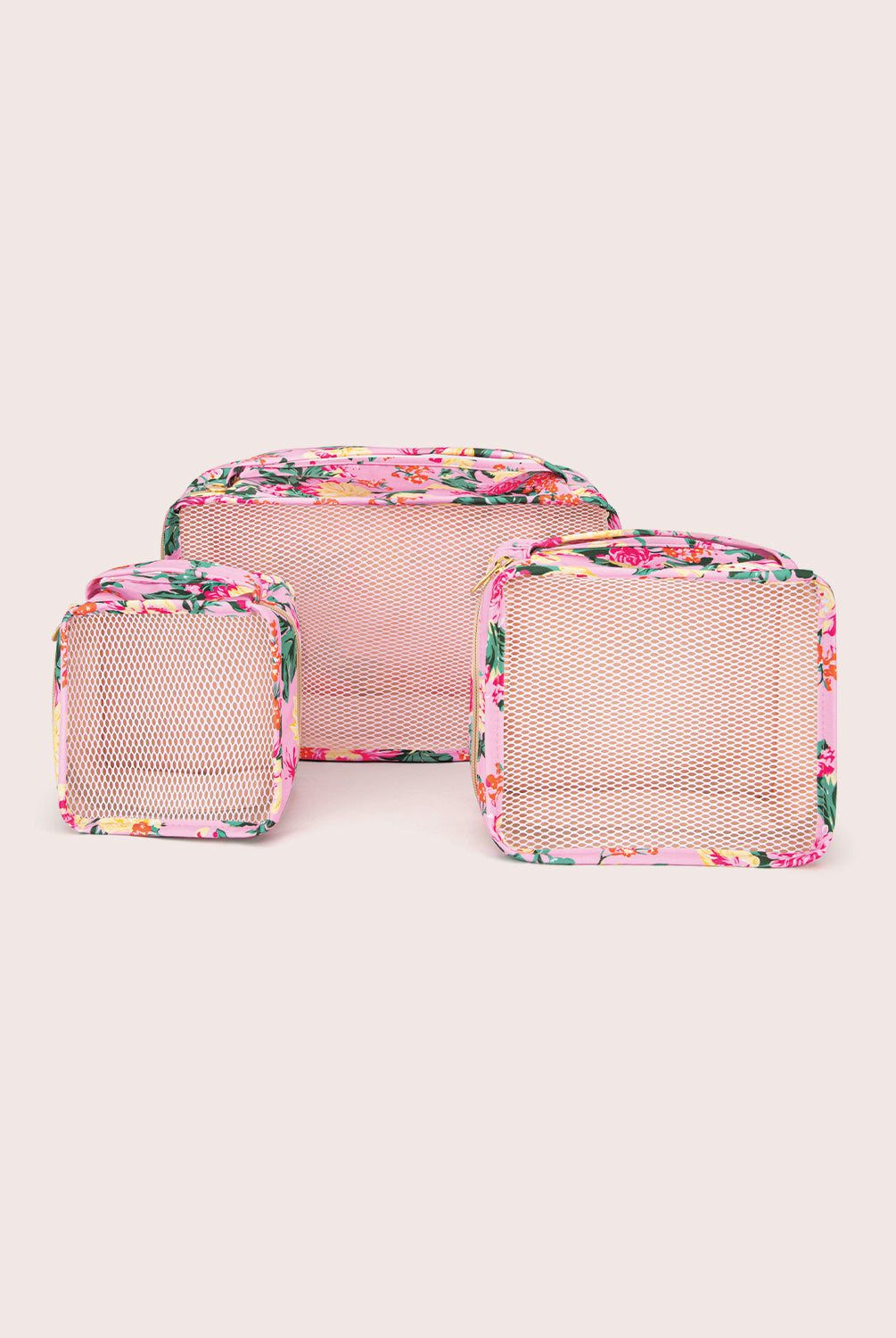 Dahlia Packing Cube Set – small, medium, and large cubes with signature swimwear patterns for stylish, organized travel.