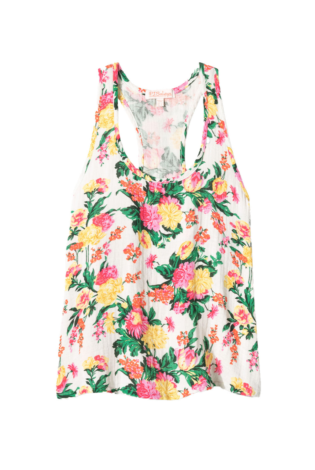 Dahlia Racerback Tank – lightweight tropical floral tank with scoop neckline and airy winged racerback, offering a relaxed, comfortable fit ideal for lounging or vacation mornings, styled with matching wide-leg pants.