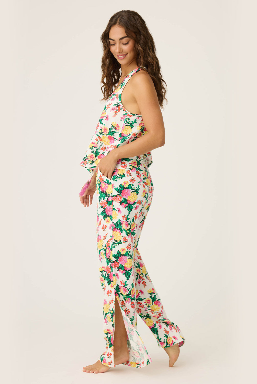 Dahlia Open Leg Pant featuring a vibrant tropical floral print, lightweight fabric, and relaxed open-leg silhouette with an elastic waistband, perfect for comfortable loungewear and effortless style at home.