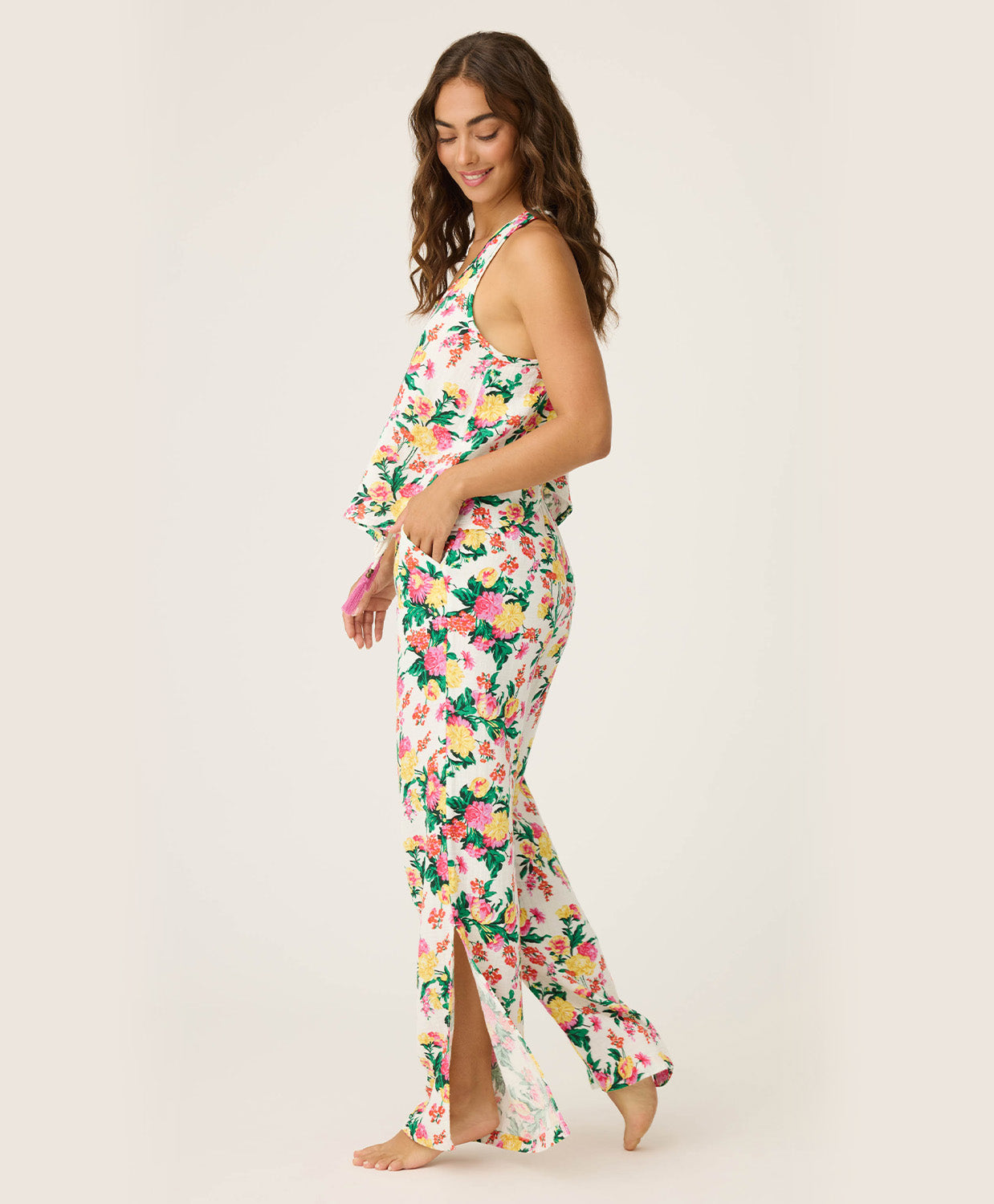 Dahlia Open Leg Pant featuring a vibrant tropical floral print, lightweight fabric, and relaxed open-leg silhouette with an elastic waistband, perfect for comfortable loungewear and effortless style at home.