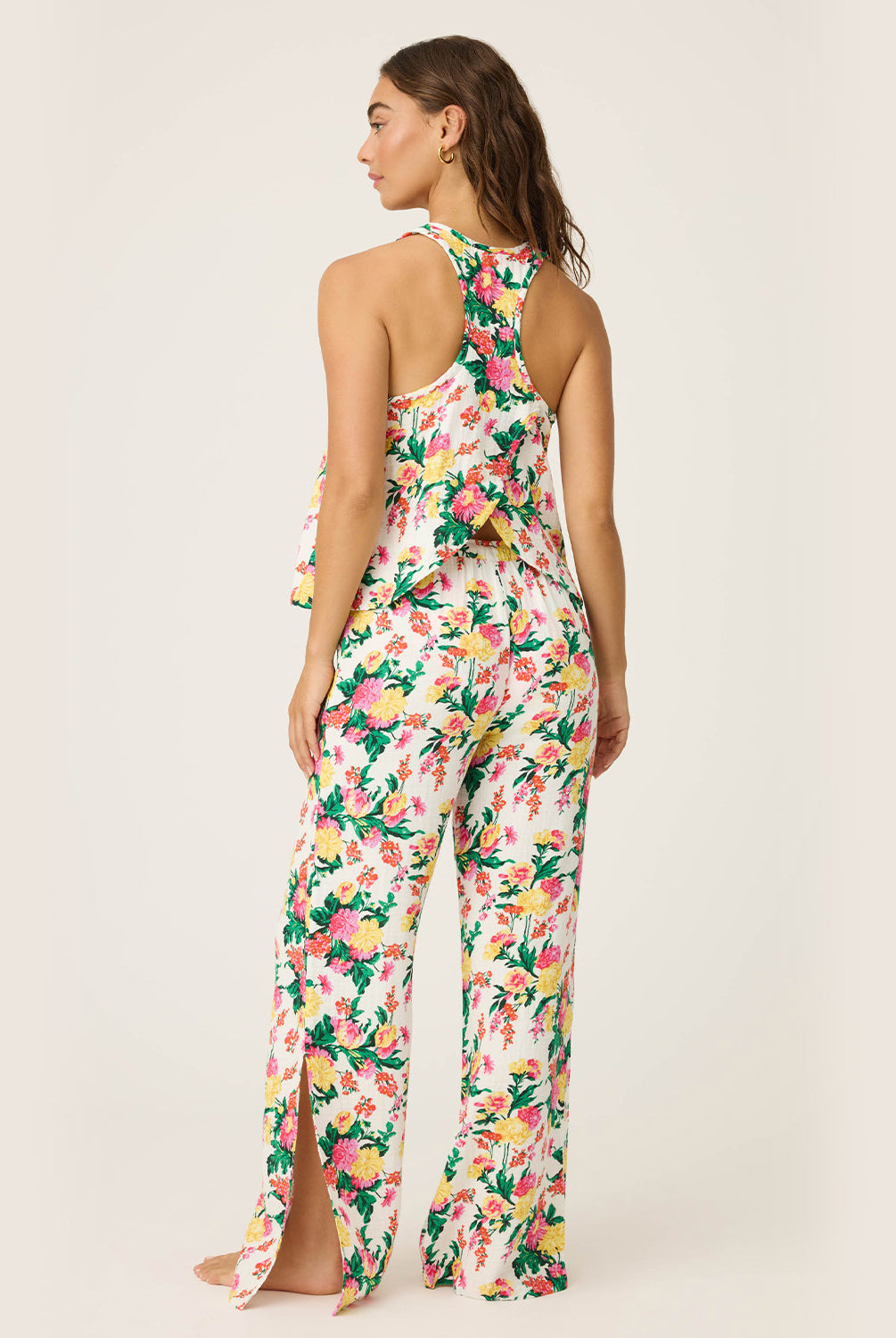 Dahlia Open Leg Pant featuring a vibrant tropical floral print, lightweight fabric, and relaxed open-leg silhouette with an elastic waistband, perfect for comfortable loungewear and effortless style at home.