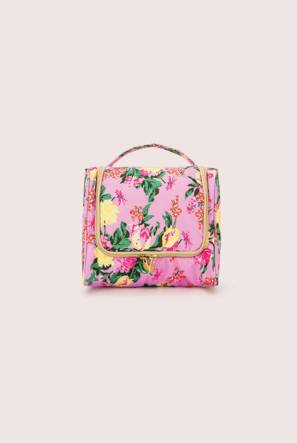 Dahlia PQ Hanging Toiletry Bag in pink floral pattern, travel-friendly and organized.