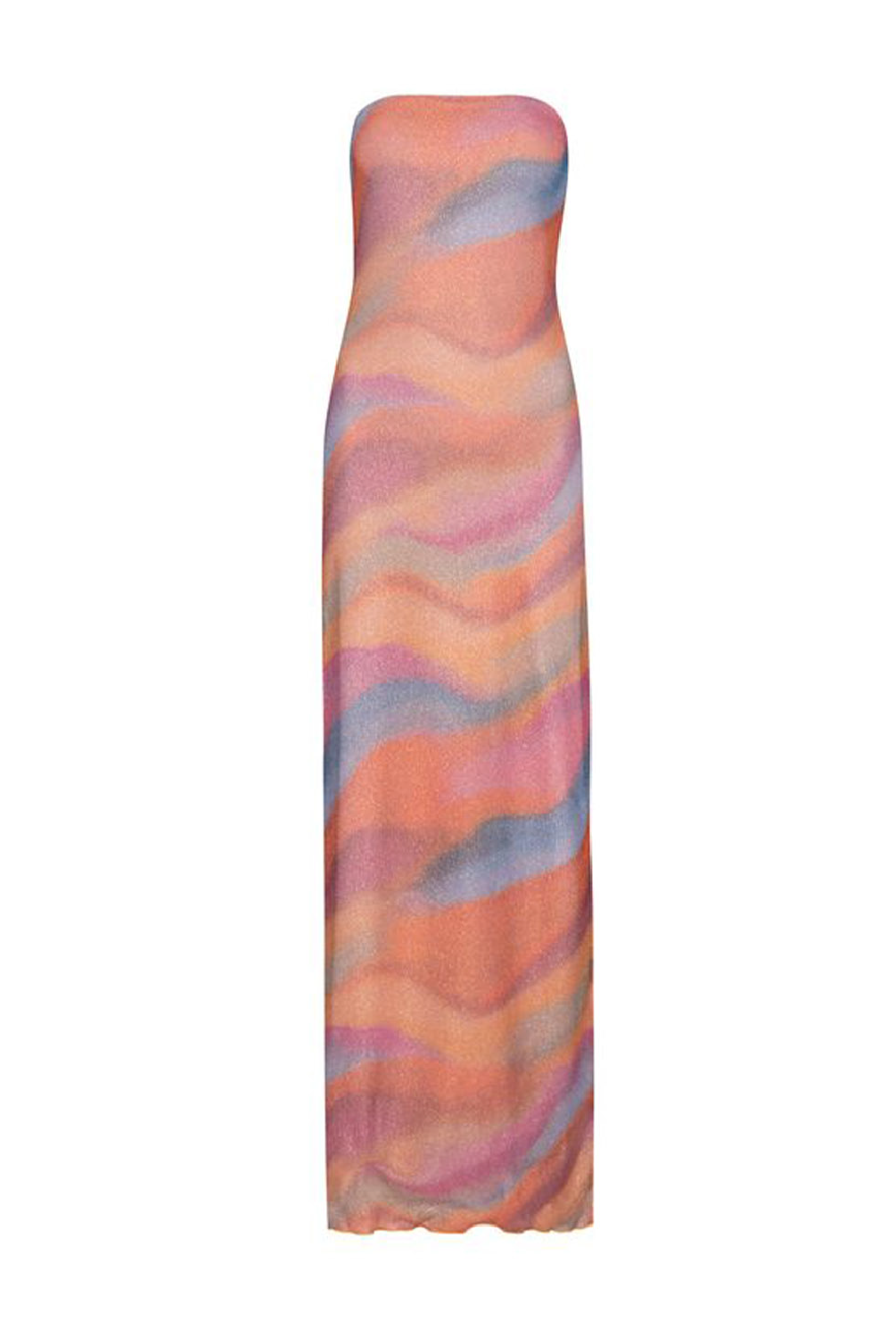 A strapless maxi dress with a wavy, abstract pattern in pastel shades of orange, pink, purple, and blue, shown against a plain white background.