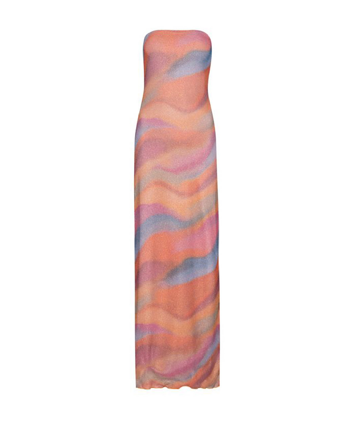A strapless maxi dress with a wavy, abstract pattern in pastel shades of orange, pink, purple, and blue, shown against a plain white background.