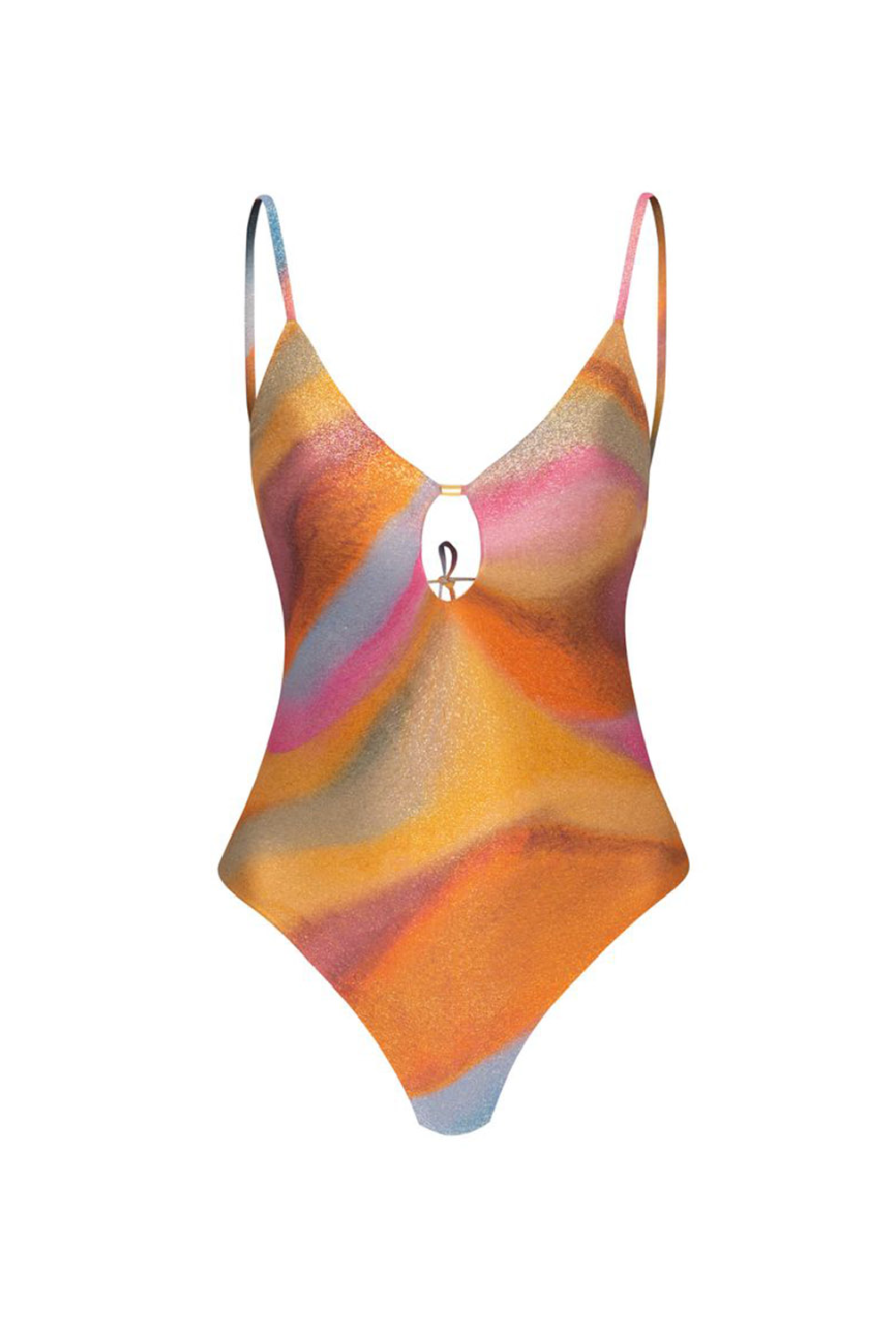 A one-piece swimsuit with a vibrant, abstract wavy pattern in shades of orange, pink, yellow, and blue, featuring spaghetti straps and a small central cutout with a black and white graphic.