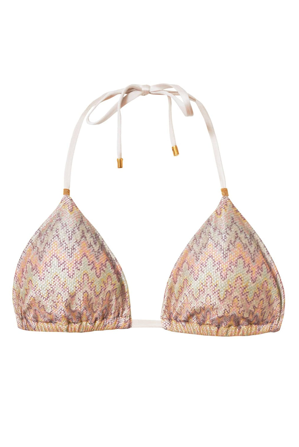 A multi-colored print triangle bikini top with gold details. Featured against a white wall background.