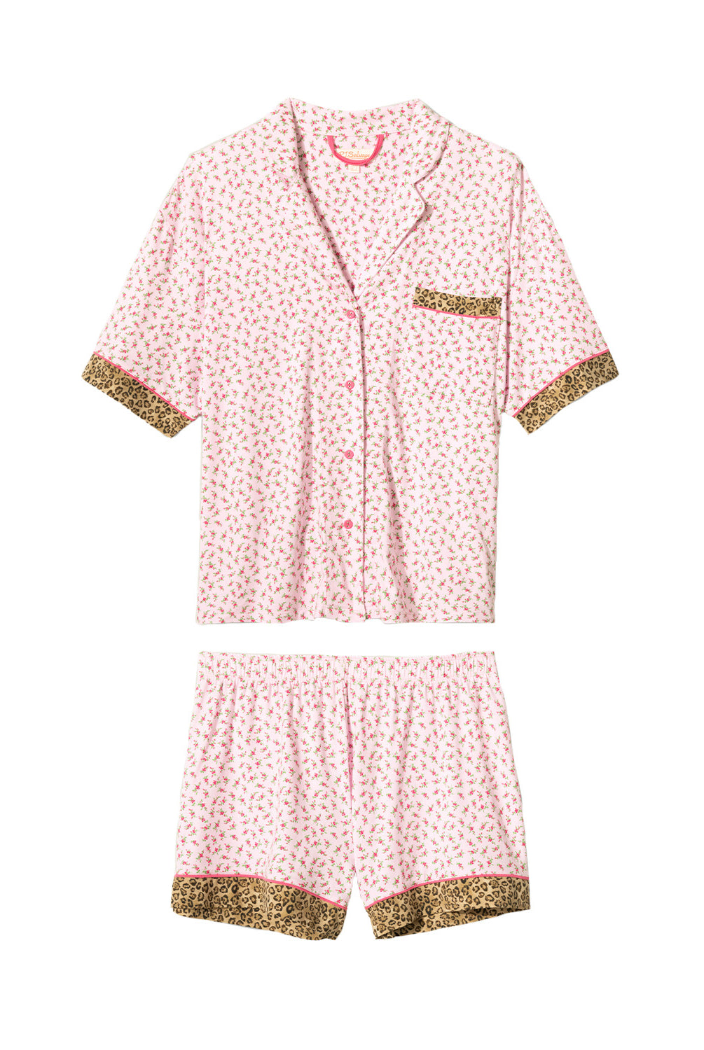 Ditsy Floral Shorts Set featuring pink ditsy florals with leopard-print trim, button-down top, and matching pull-on shorts.