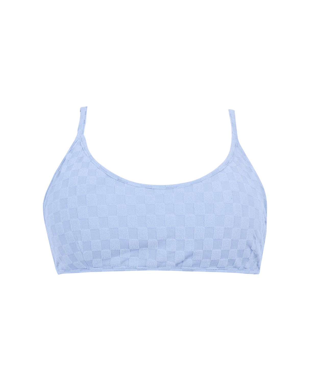 A blue bikini top against a white wall.