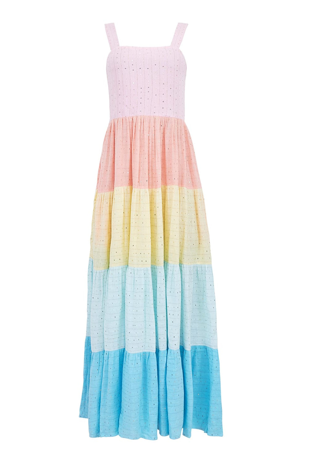 A long multi colored dress against a white wall.