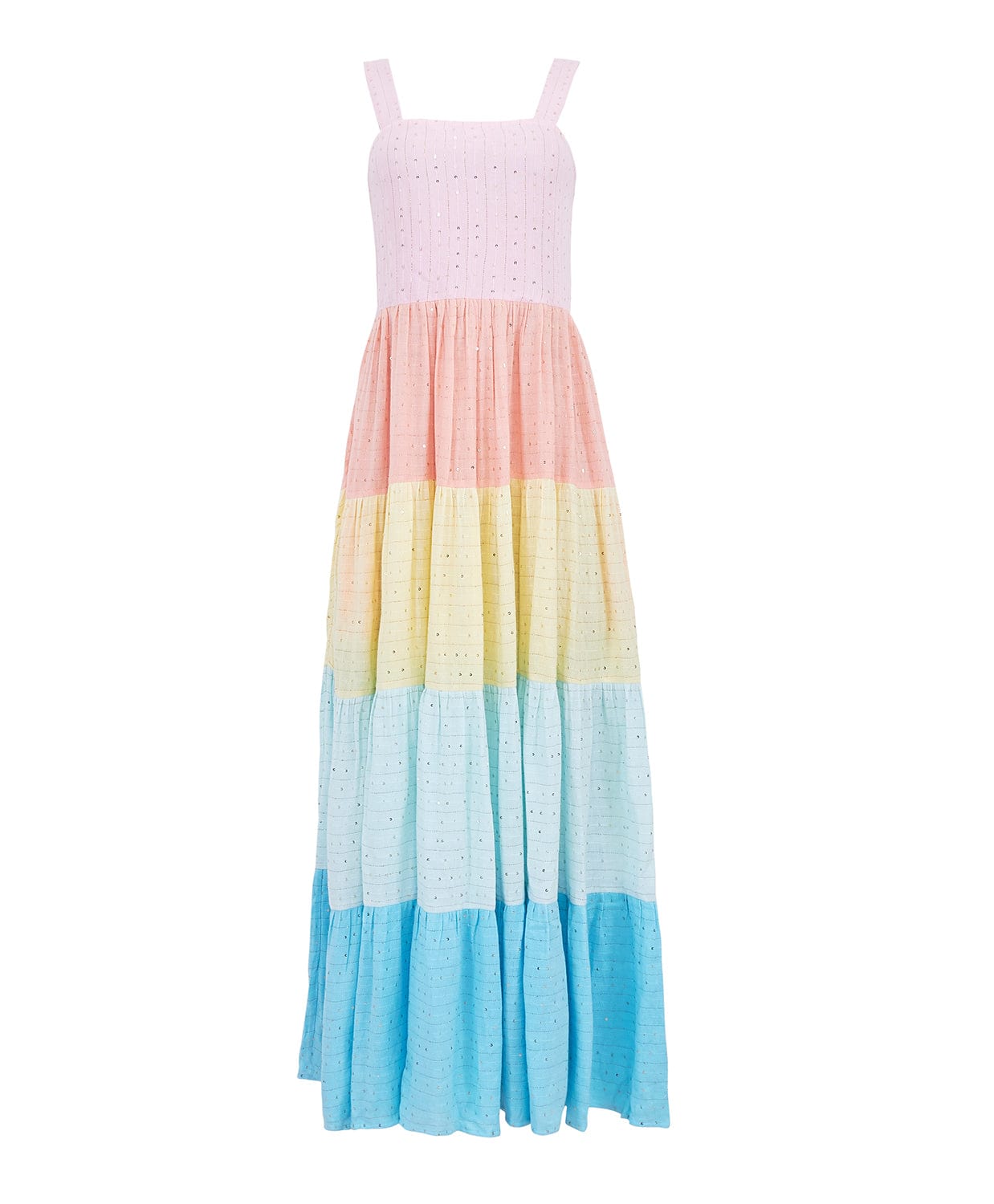 A long multi colored dress against a white wall.