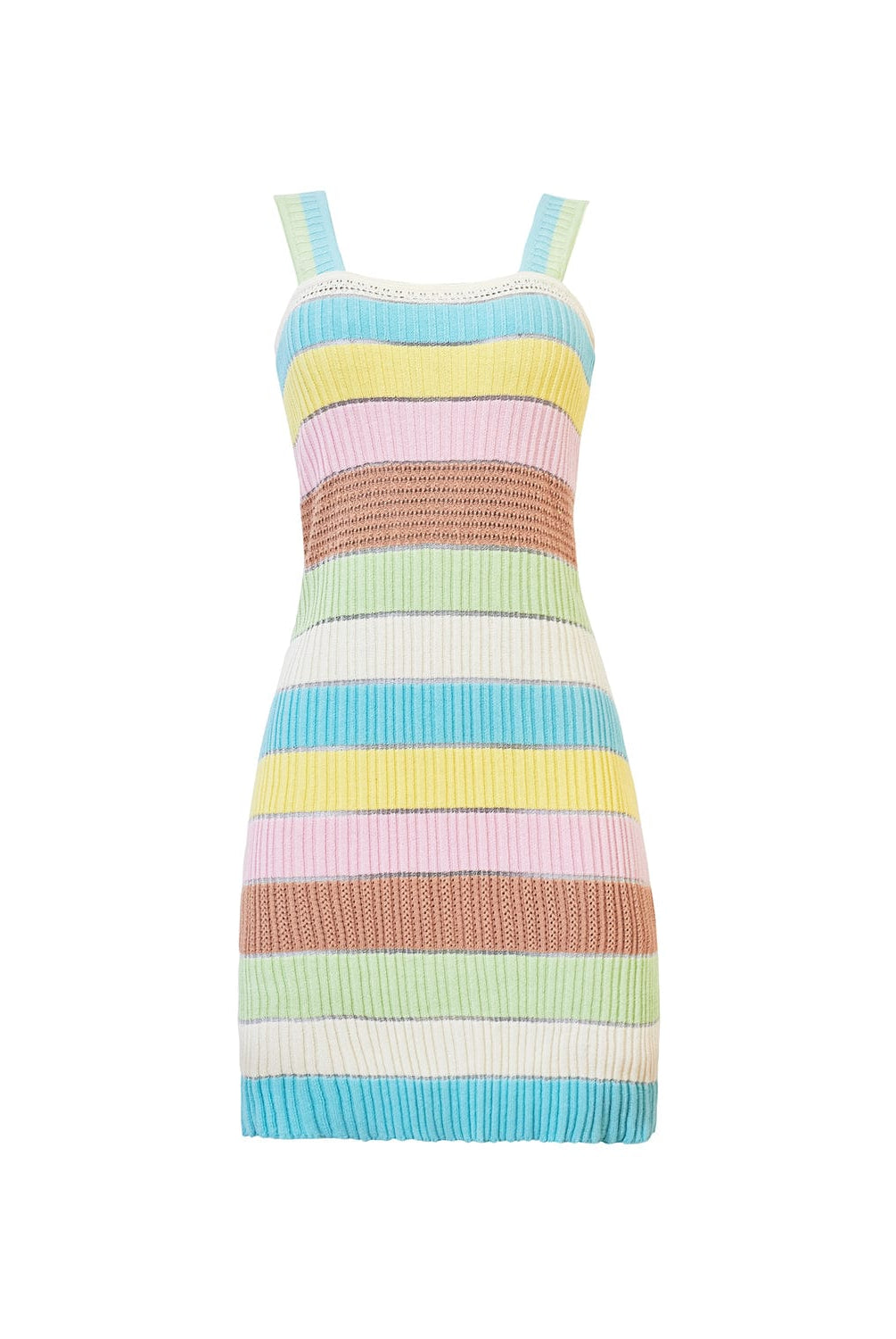 A multi colored short dress against a white wall.