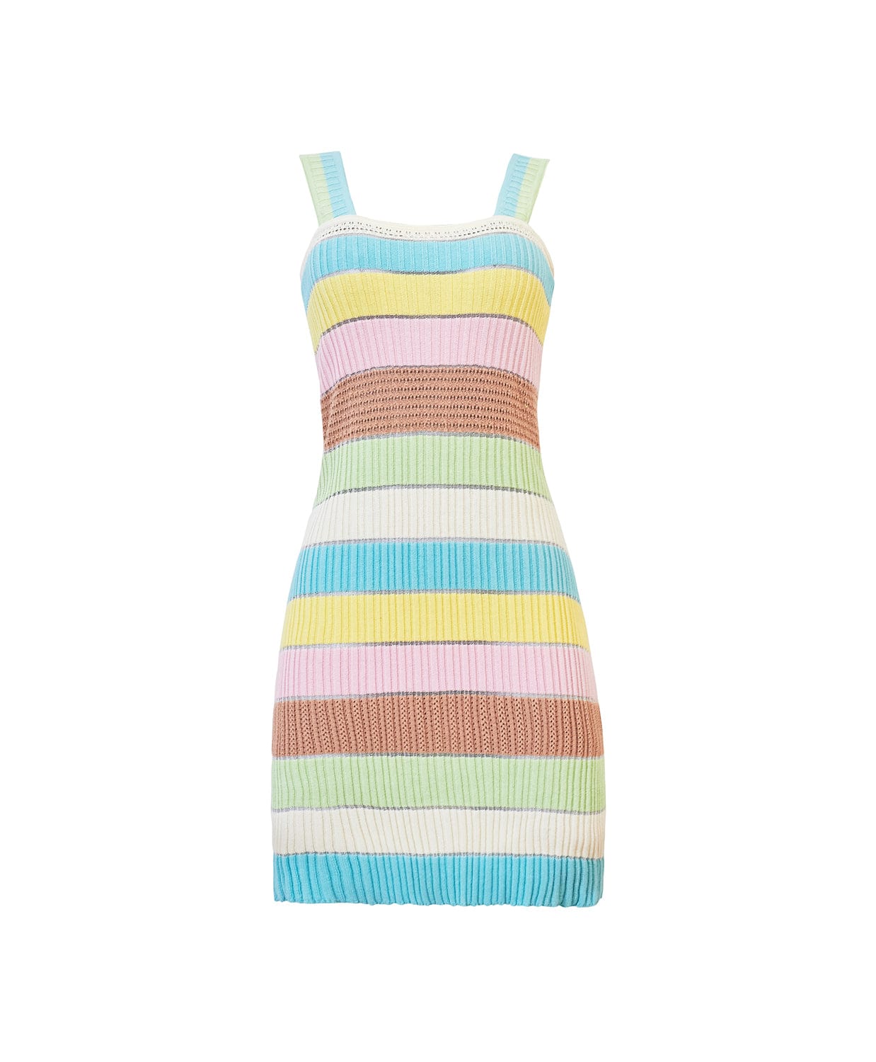 A multi colored short dress against a white wall.