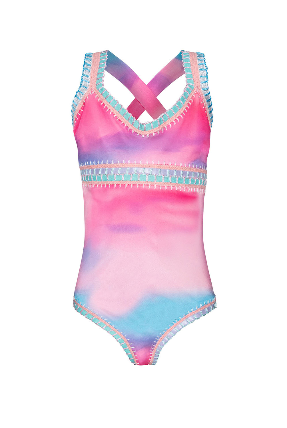 Kids Dreamy Sadie Rainbow Embroidered One Piece featuring colorful tie-dye design and exposed elastic detailing inspired by Solange Ferrarini.