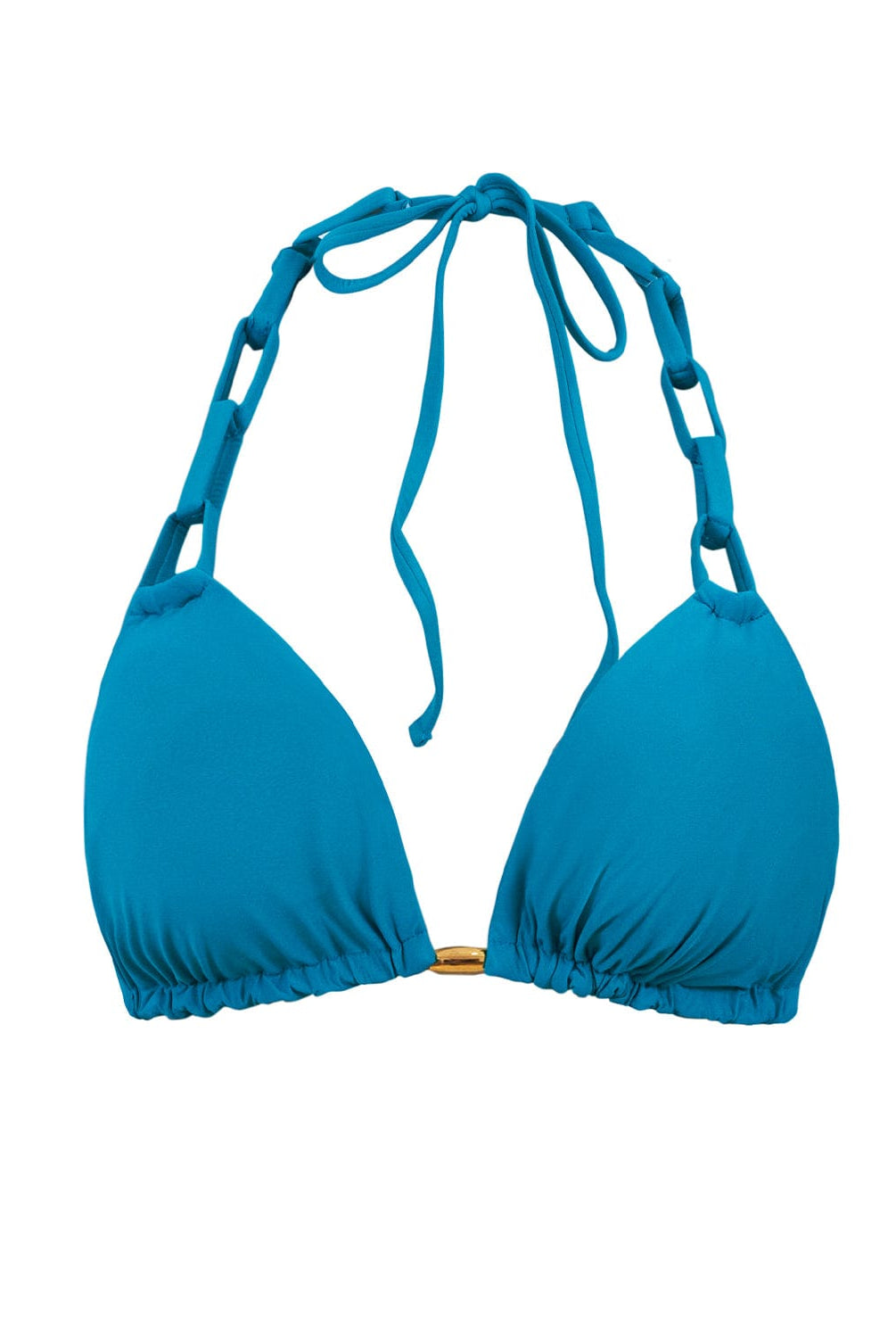 A blue bikini top against a white wall.