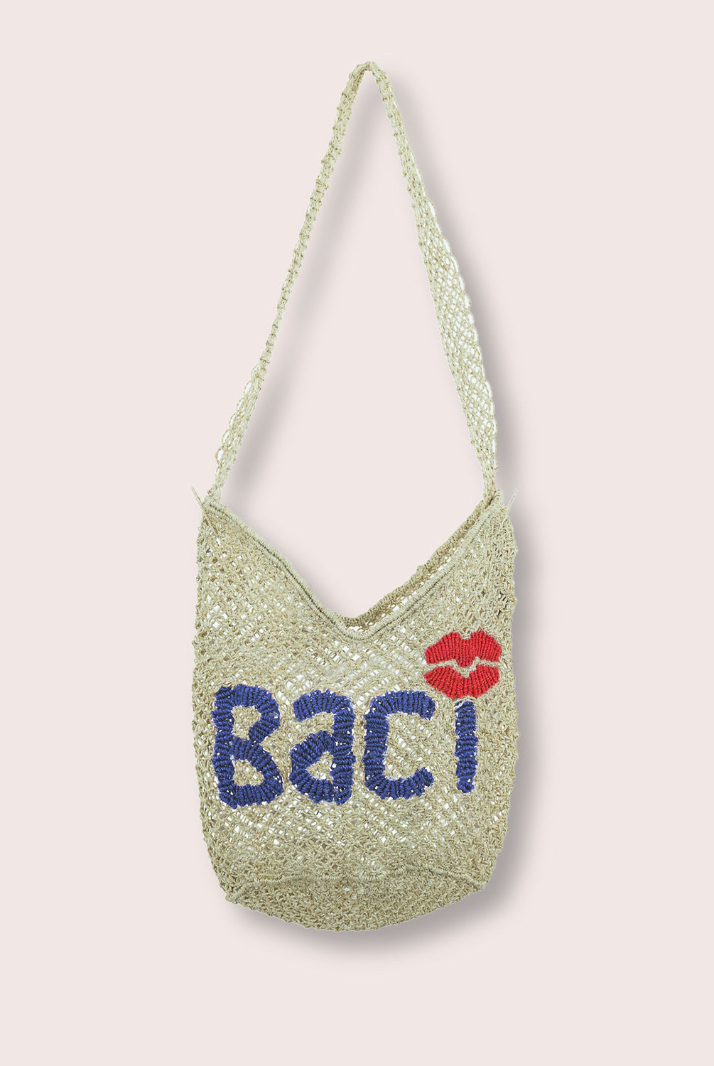 A purse/tote that says "Baci" in blue letters against a white wall.