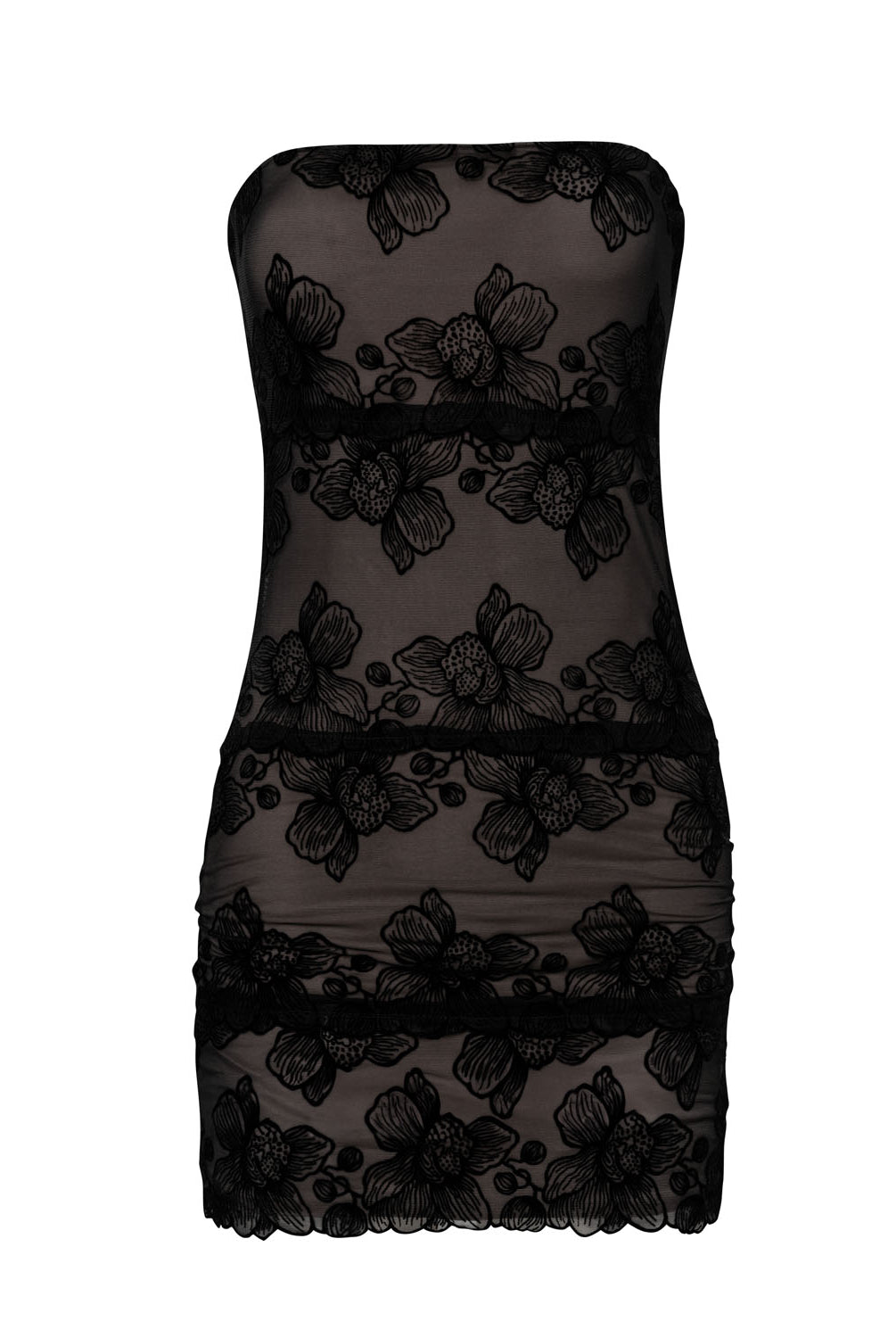 A mini strapless black dress against a white wall.