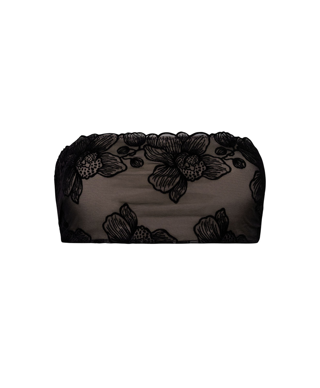 A black bandeau swim suit top against a white wall.