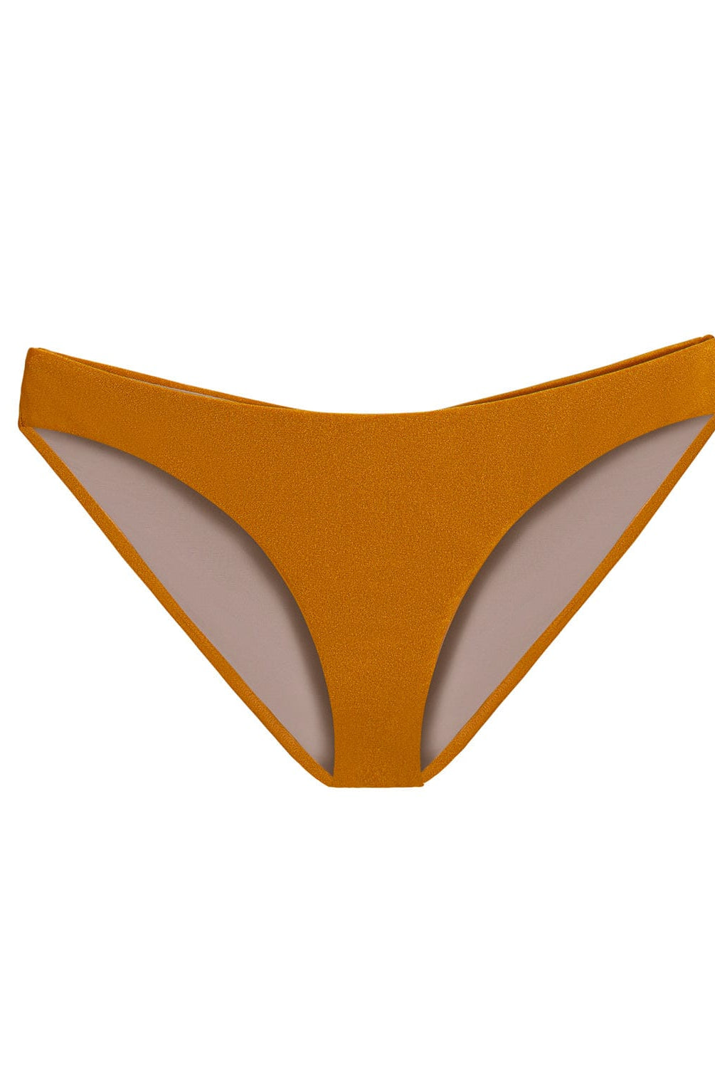 An orange ruched bikini bottom in full coverage.  Featured against a white wall background.