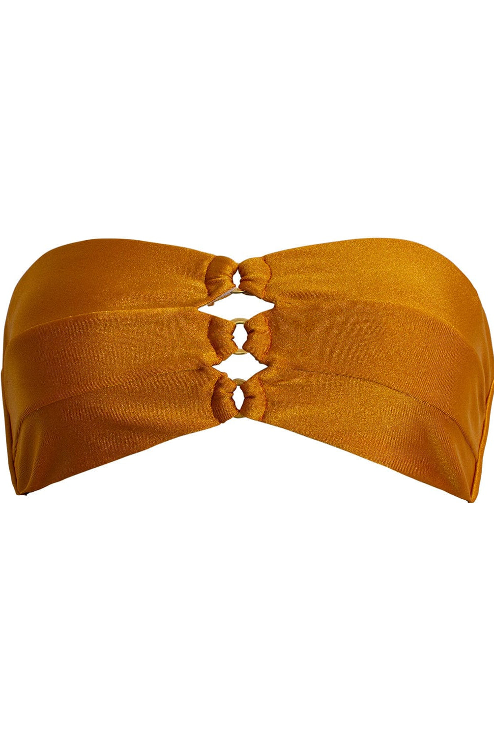 An orange bandeau bikini top with gold details. Featured against a white wall background.