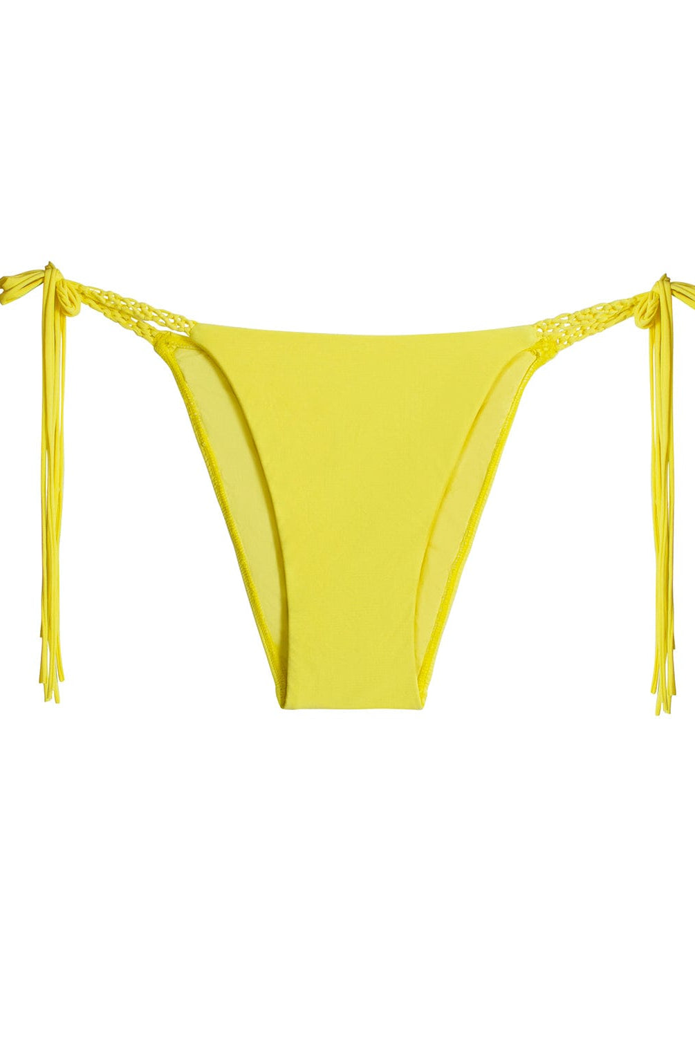 A yellow macrame tie side bikini bottom. Featured against a white wall background.