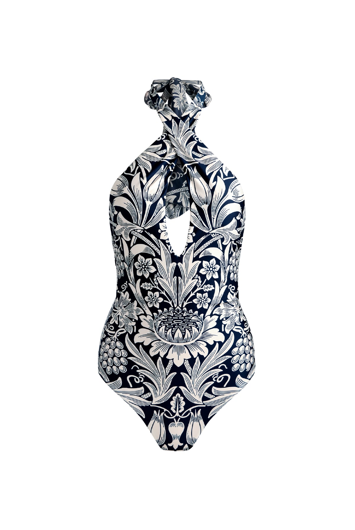 A one-piece halter swimsuit with a navy blue and white botanical pattern, set against a solid light gray background.