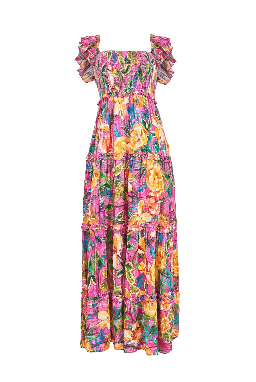 A maxi pink tropical dress with sequins. Featured against a white wall background.