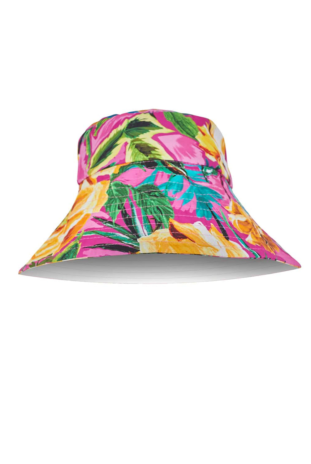 A pink tropical pattern reversible bucket hat.  Featured against a white wall background.