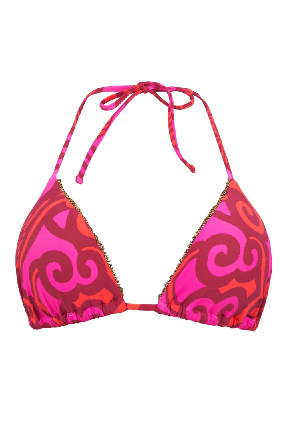 A pink and red bikini against a white wall.