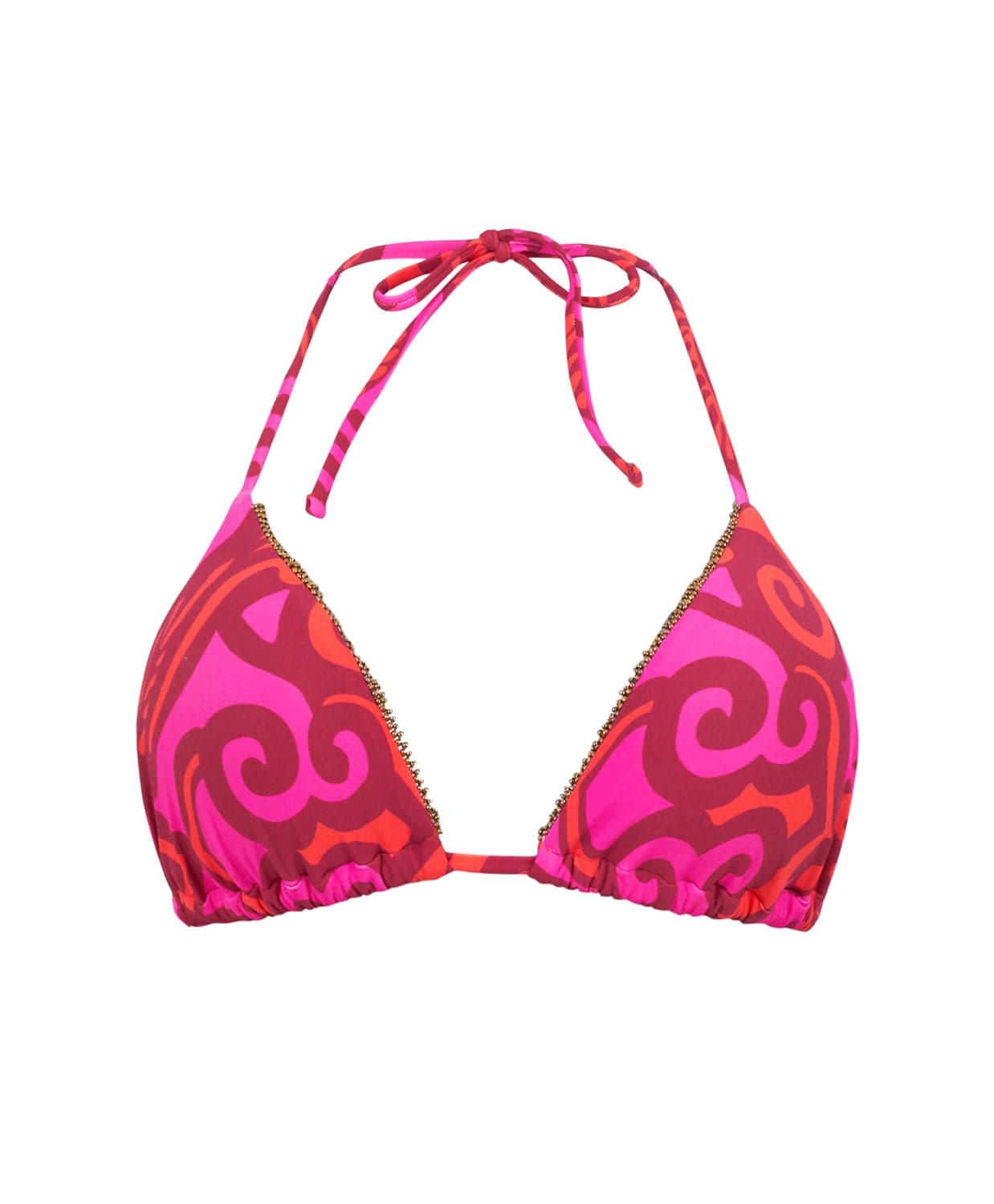 A pink and red bikini against a white wall.