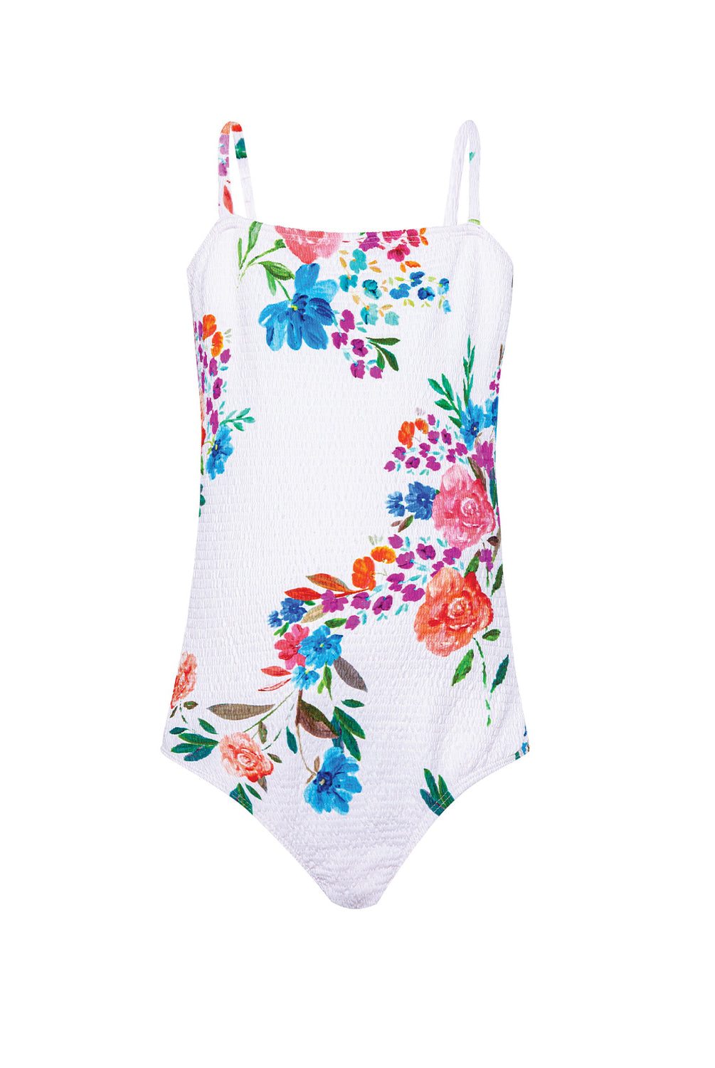 One-piece swimsuit with colorful floral pattern on a white background