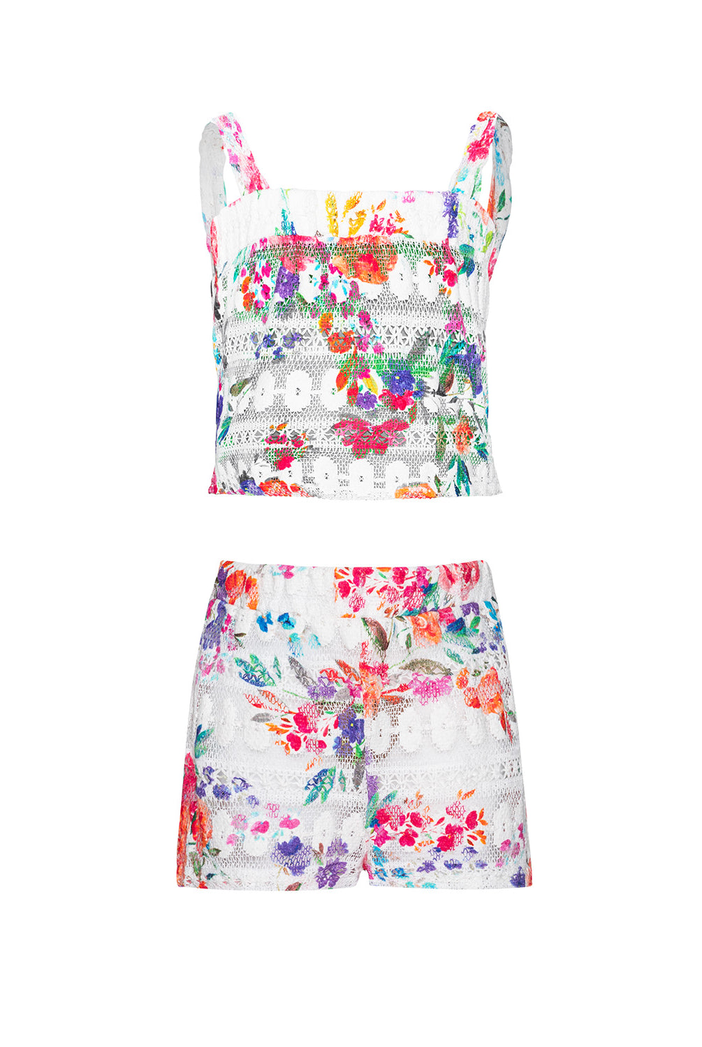Colorful floral top and shorts set on a white background
