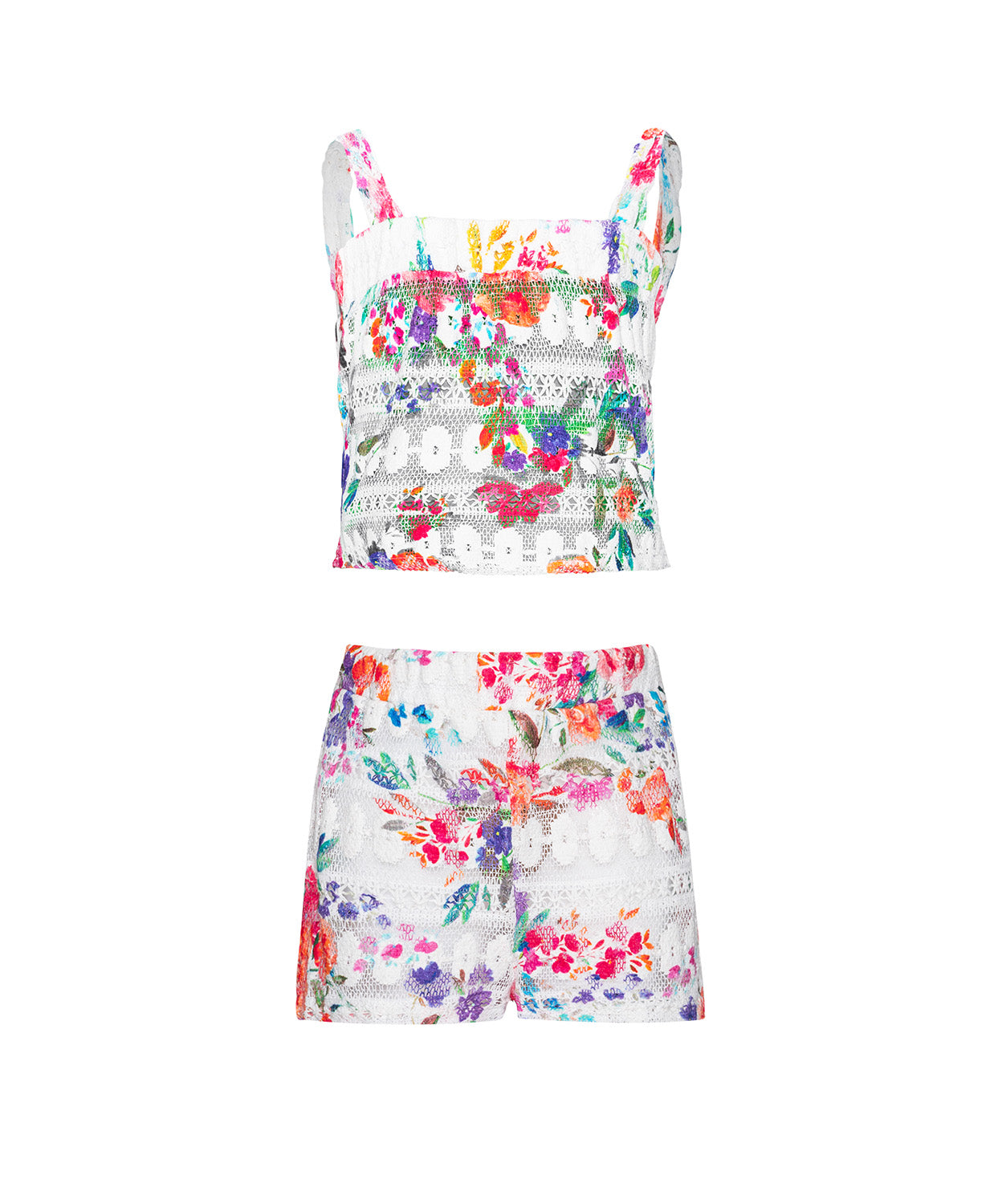 Colorful floral top and shorts set on a white background