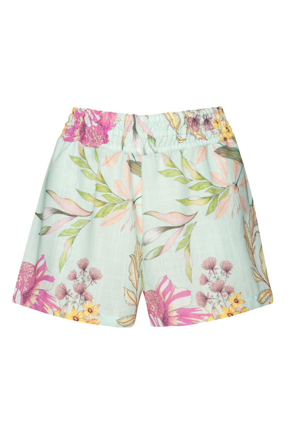 Floral teal and pink summery shorts in front of a white background.