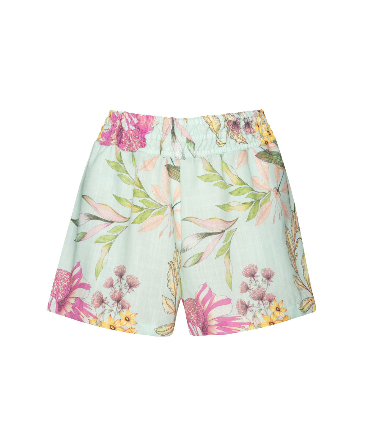 Floral teal and pink summery shorts in front of a white background.