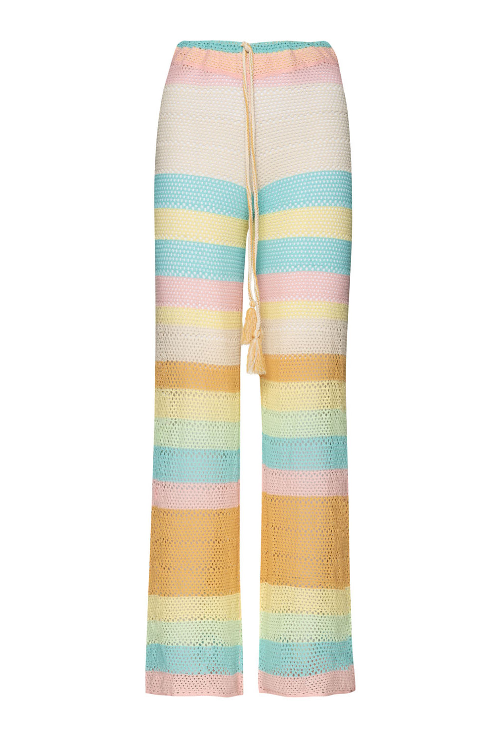 Long crochet striped pants against a white wall.