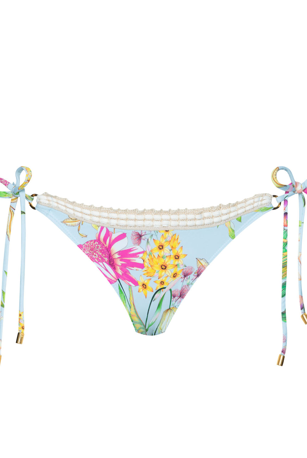 Light blue floral tie bikini bottoms with a white crochet trim in front of a white background.