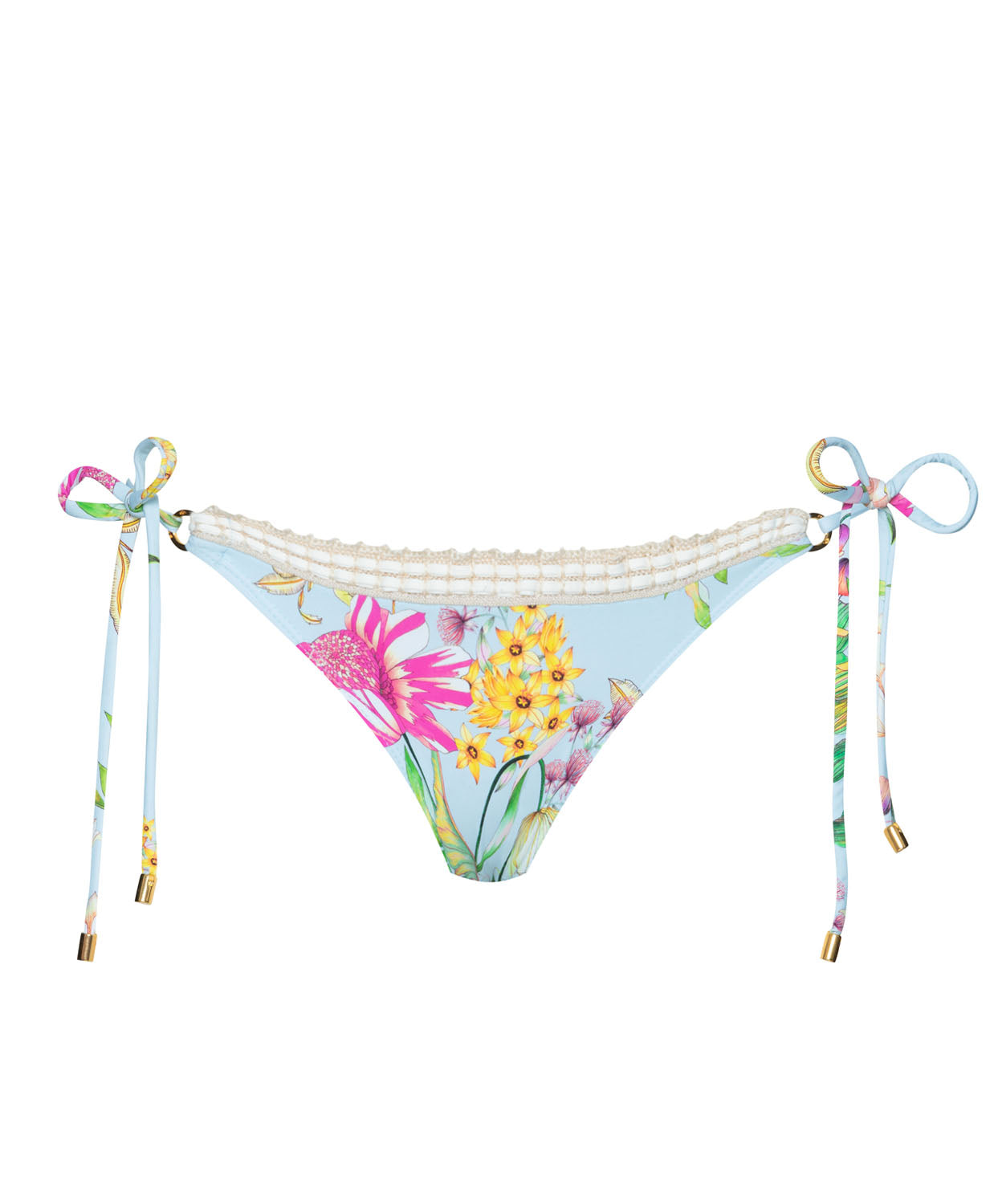 Light blue floral tie bikini bottoms with a white crochet trim in front of a white background.